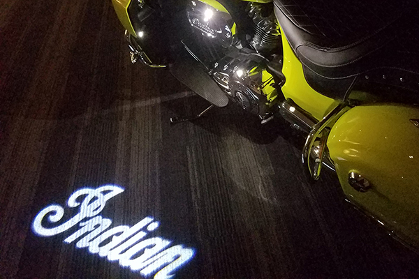 Indian motorcycle with a projected logo